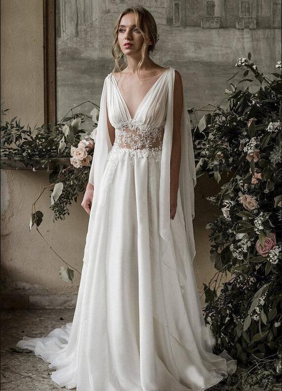 2020 Boho Beach Wedding Dresses A Line V Neck Sleeveless Sweep Train Bridal Gowns With Applique Chiffon Backless Plus Size Wedding Gowns