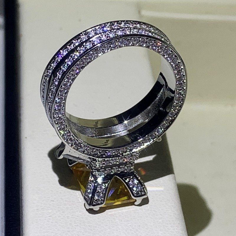 Three Color Diamond Vintage Jewelry 925 Sterling Silver Princess Cut 5A Zircon Big Gemstones Eiffel Tower Women Wedding Bridal Ring Gif