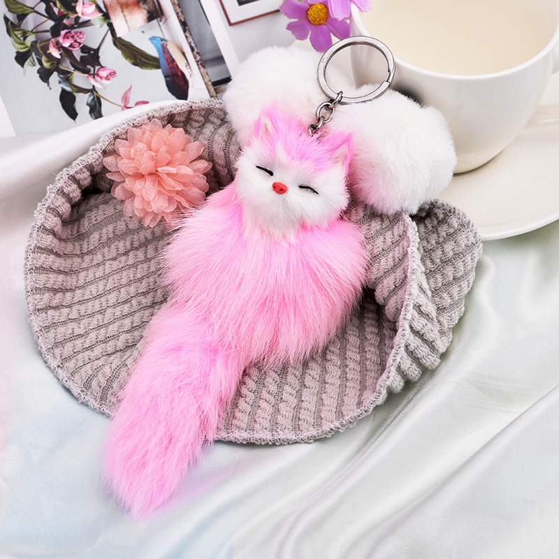 cute fluffy bowknot fox ball key chain rings pompom real fox fur charm keychain car bag key ring women jewelry