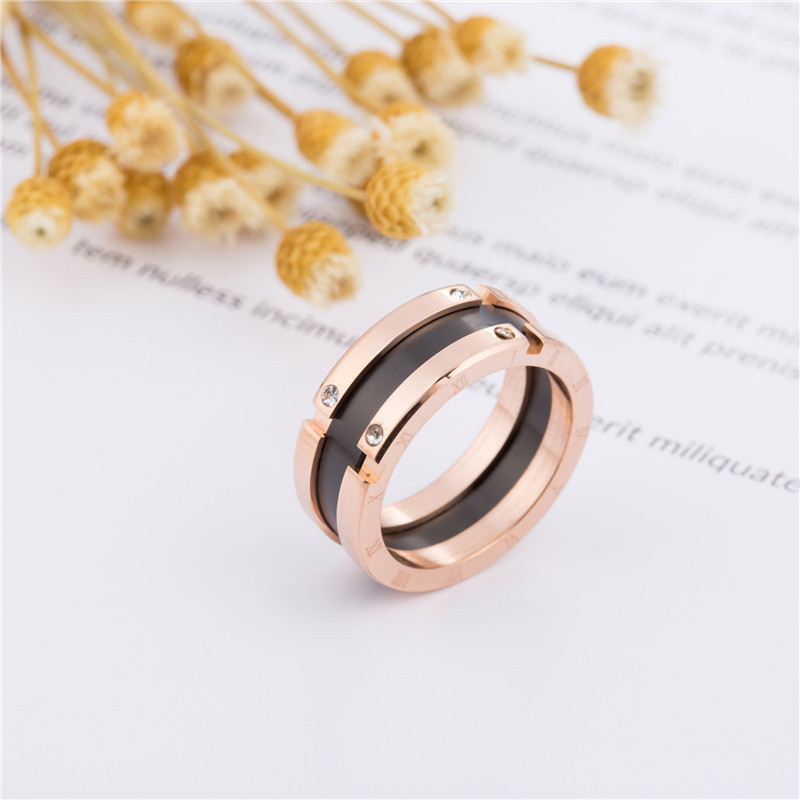 Meicialanda Stainless steel rose gold black and white ceramic couple ring Japanese and Korean popular simple women jewelry