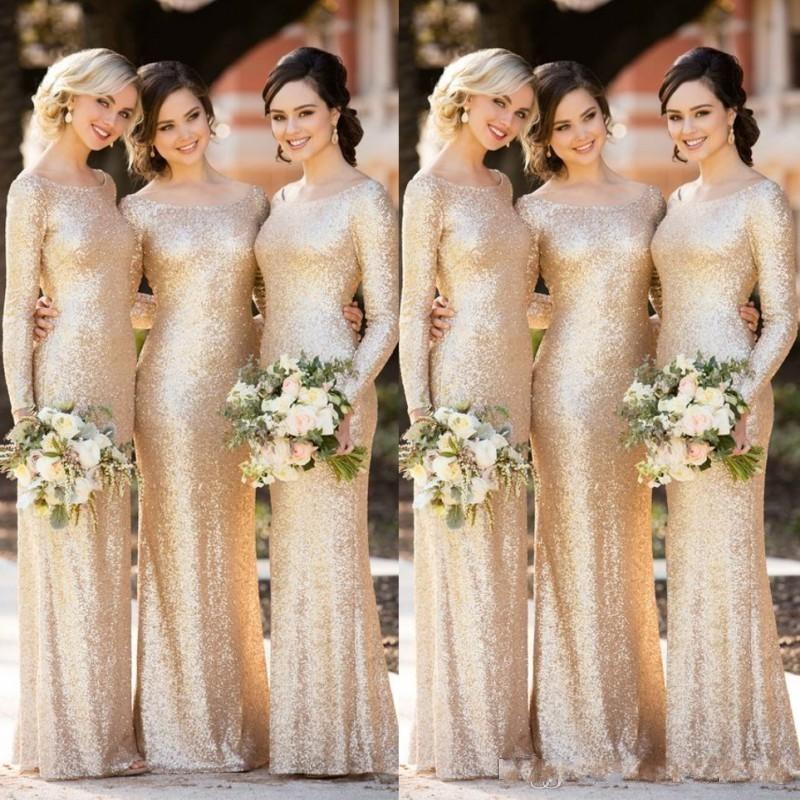 Sequins Sparkly Gold Bridesmaid Dresses Long Sleeves Scoop Neck Sweep Train Simple Country Wedding Maid Of Honor Gown Plus Size