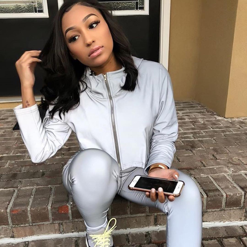 Reflective Hooded Jacket Female Casual Zipper Drawstring Hoodies Women Flash Cropped Coat Street Running Sweatshirts Outerwear