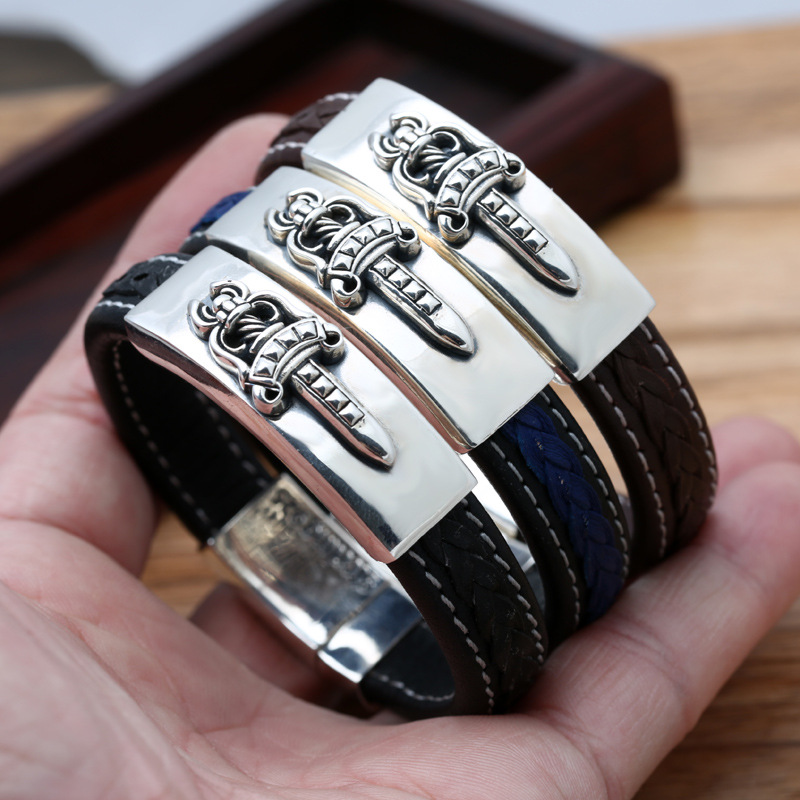 Brand new 925 sterling silver handmade jewelry American European vintage antique silver designer ID bracelets leather band nice gift