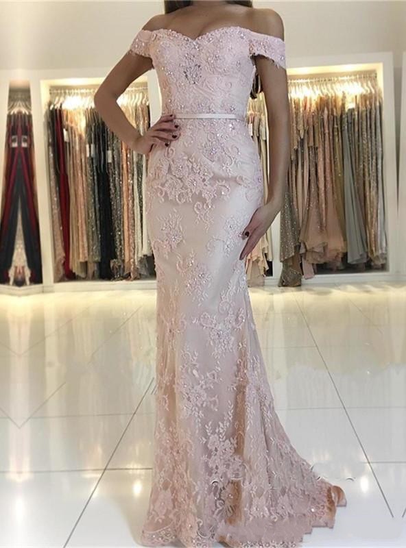2019 New Sexy Mermaid Prom Dresses Off Shoulder Lace Appliques Beads Open Back Sweep Train Custom Party Dresses Plus Size Evening Gowns