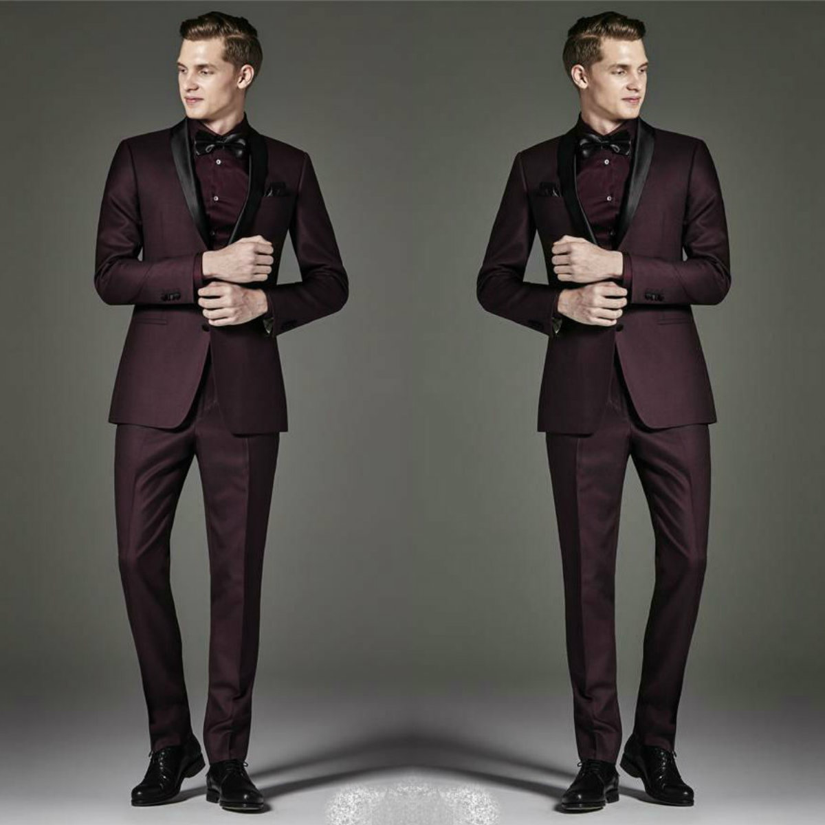 2019 Burgundy Mens Designer Suits Black Peaked Lapel Two Pieces Groom Tuxedos Men's Slim Fit Suits (Jacket+Pants)