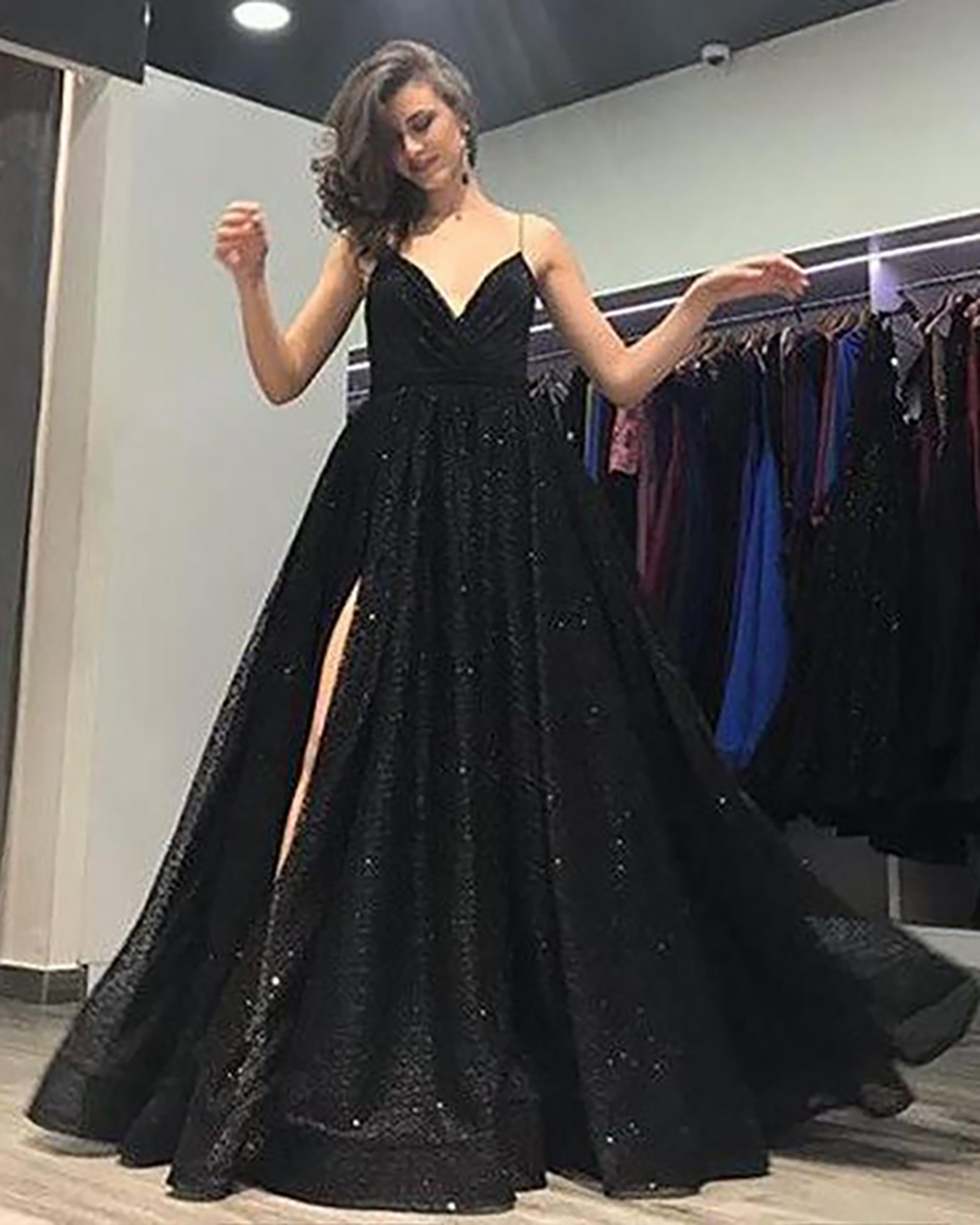 Robe De Soiree Evening Dress Sequins V-Neck Elegant Long Formal Dress Spaghetti Straps Side Slit Vestido De Festa Abiye