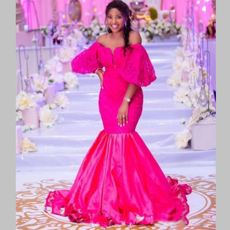 2020 Prom Dresses Mermaid Puffy Poet Sleeves Lace Appliques Off The Shoulder Mermaid Evening Dress African Formal Party Gowns