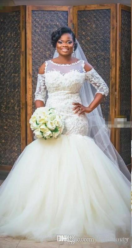 Elegant African Mermaid Wedding Dresses Cape Sleeve puffy tulle skirt Bridal Gowns vintage Lace Applique Plus Size Wedding Dress White