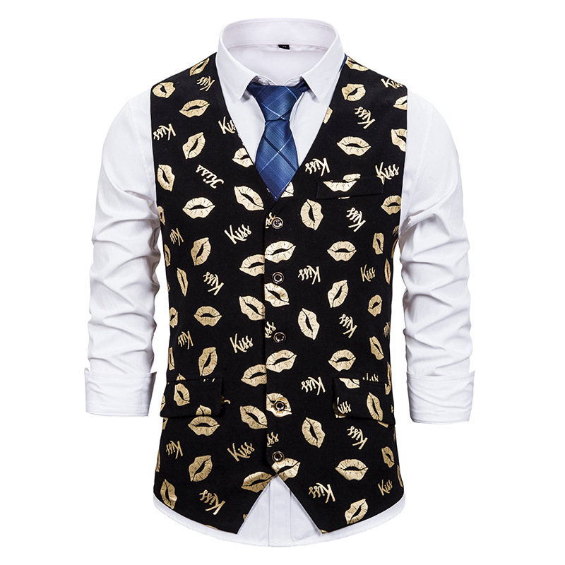 Gold Lips Bronzing Print Vest Men Hipster V-Neck Casual Sleeveless Waistcoat Mens Business Stage Wedding Nightclub Vests, Black;white
Gold Lips Bronzing Print Vest Men Hipster V-Neck Casual Sleeveless Waistcoat Mens Business Stage Wedding Nightclub Vests, Black;white