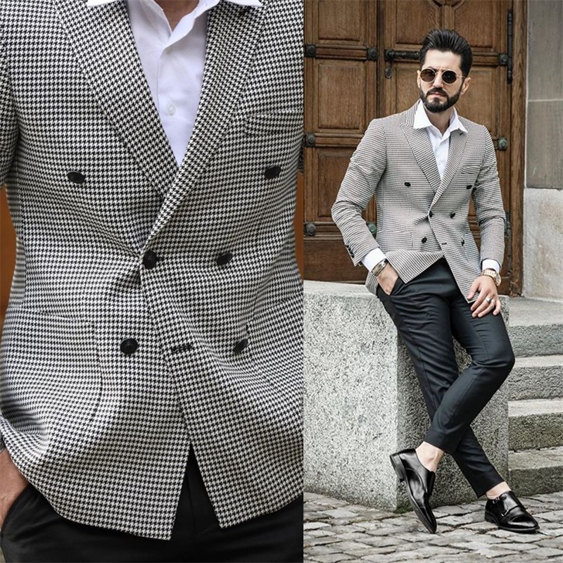 newest houndstooth gentlemen suits cotton blend double breasted notched lapel men suits custom made formal coat