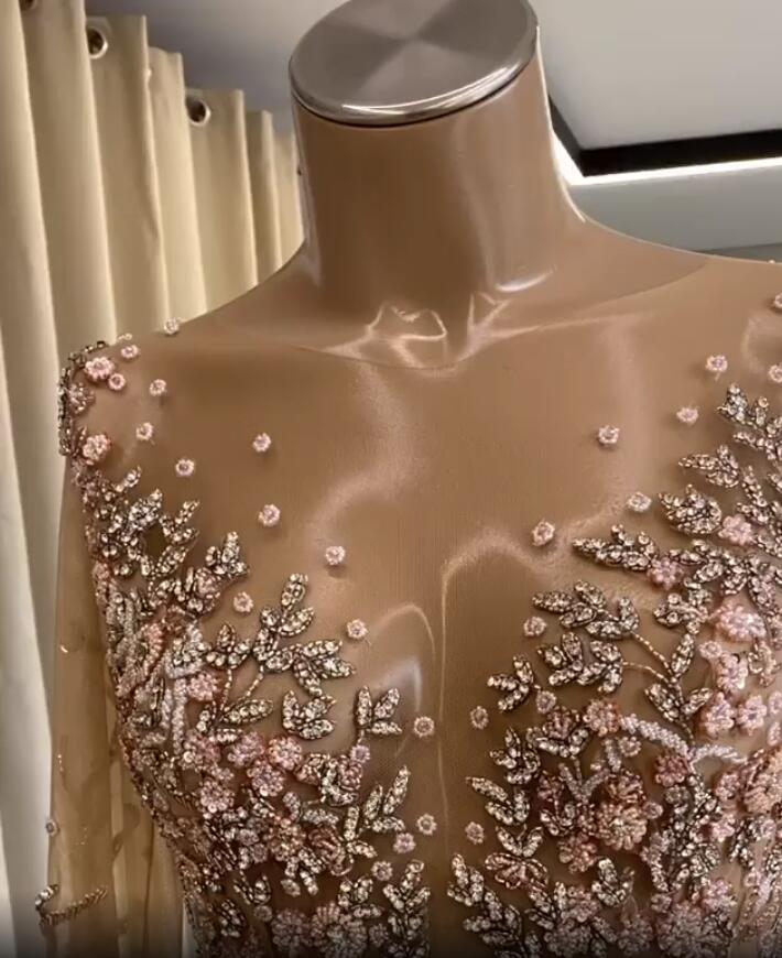 Aso Ebi 2020 Arabic Gold Luxurious Sexy Evening Dresses Beaded Crystals Prom Dresses Sheer Neck Formal Party Second Reception Gowns ZJ504