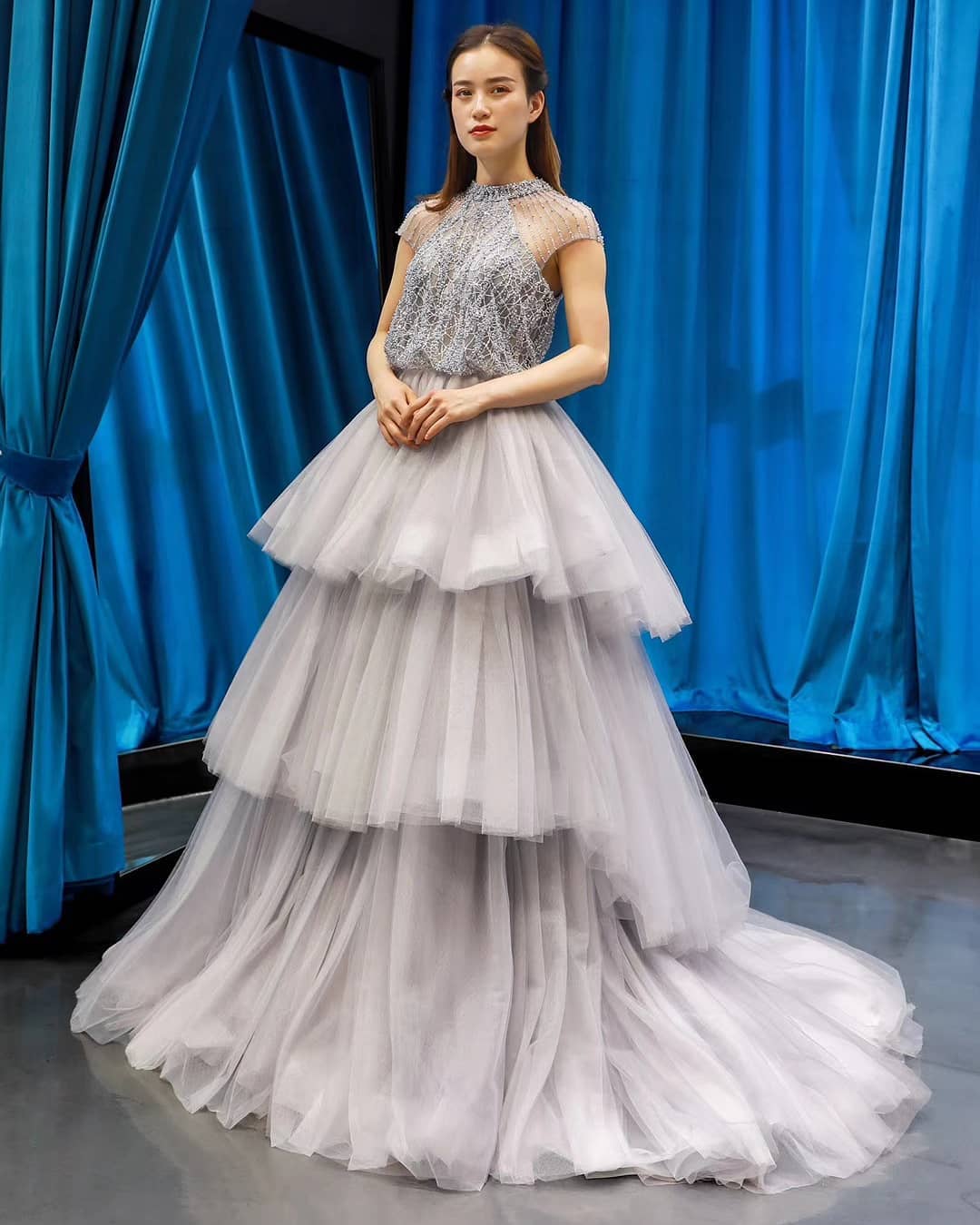 Tulle Tiered Prom Dresses Sheer High Neck Ball Gowns Sleeves Party Dresses Full Beading Sweep Train Formal Mother's Dress