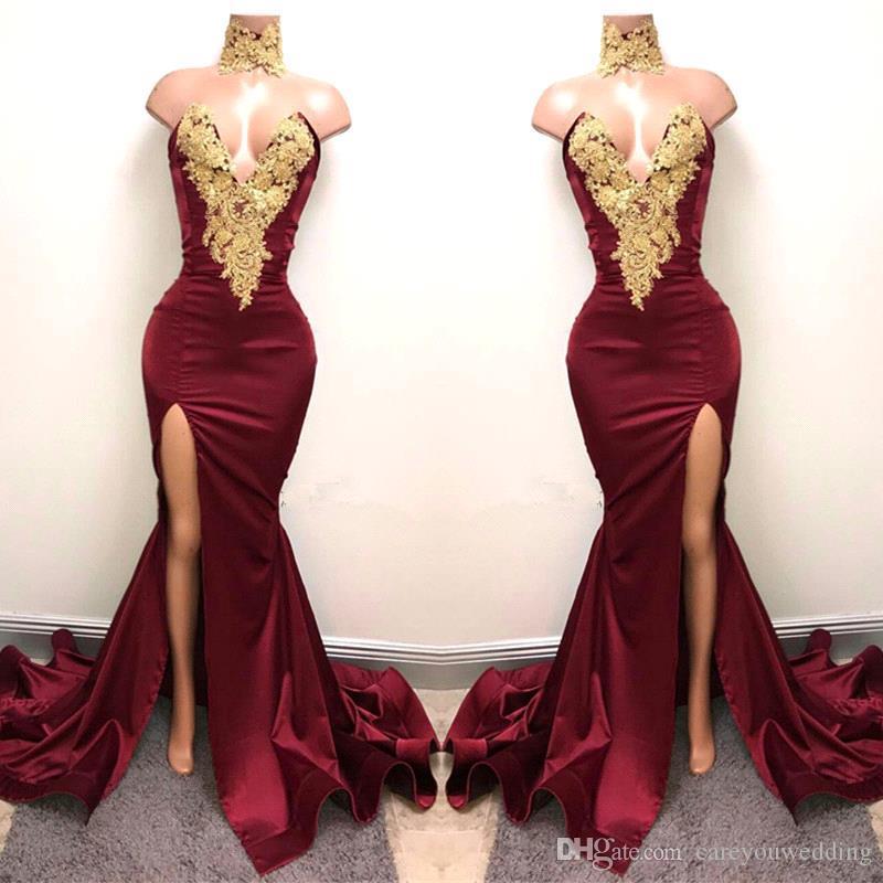 Sexy Black Bury Girls Mermaid Prom Long Gold Applique Sweetheart Pleats Satin High Side Split Backless Party Dresses Evening