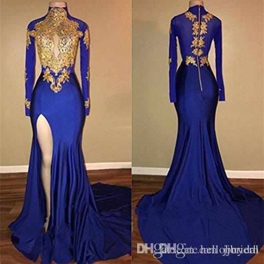 2018 Hot Sale Arabic Gold Appliques High Collar Sexy Long Sleeves Prom Dresses Mermaid Vintage High Thigh Split Black Girls Evening Gowns, Gray
2018 Hot Sale Arabic Gold Appliques High Collar Sexy Long Sleeves Prom Dresses Mermaid Vintage High Thigh Split Black Girls Evening Gowns, Gray