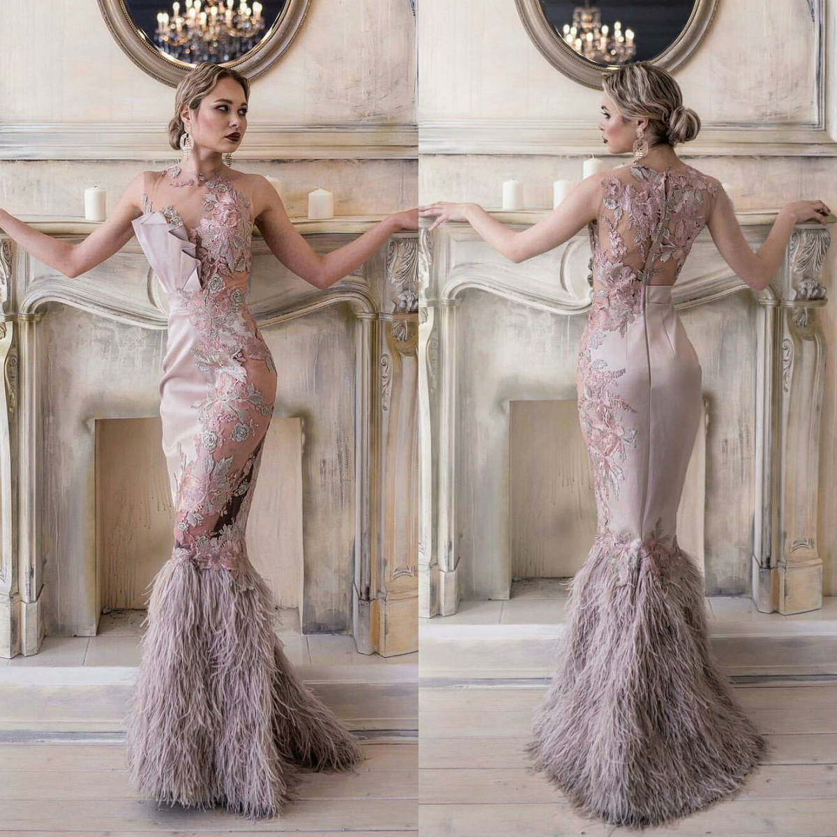 Mermaid Evening Dresses Zuhair Murad Jewel Neck Tullle Lace Appliques Prom Dress Feather Cocktail Party Gowns Vestidos De Novia
