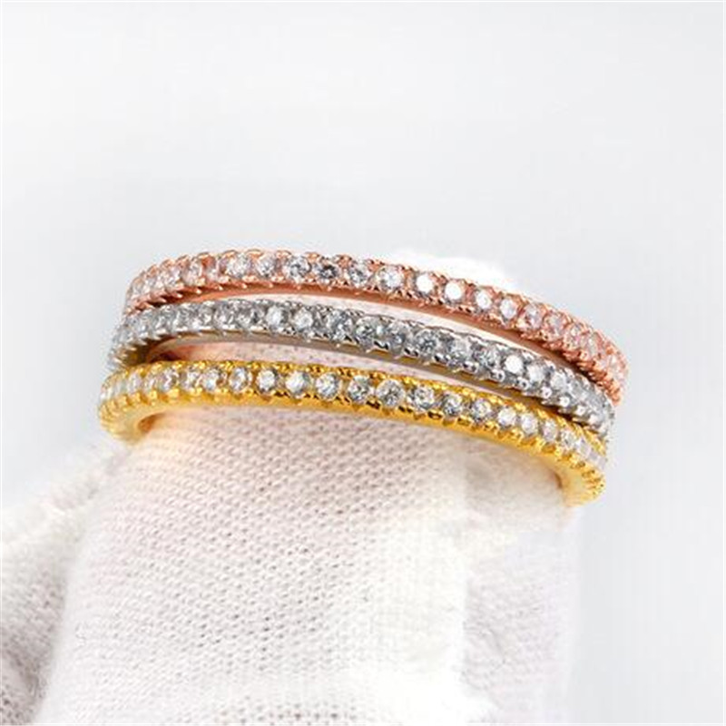 Simple Fashion Jewelry 925 Sterling Silver&Rose Gold Fill Pave White Sapphire CZ Diamond Eternity Women Wedding Engagement Band Ri