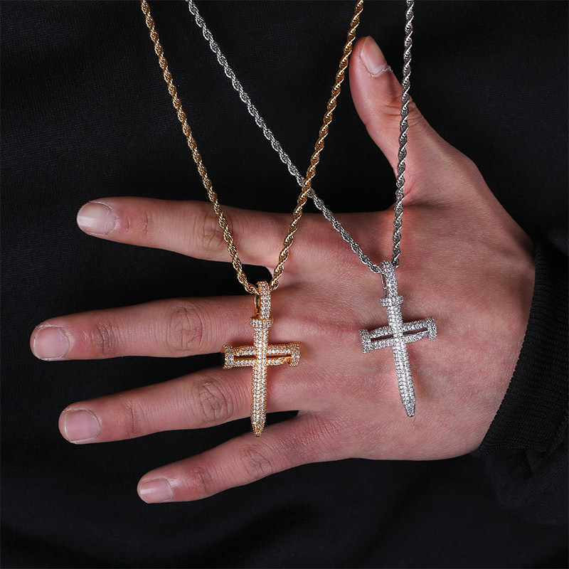 18K Gold & White Gold CZ Cublic Zirconia Nail Cross Pendant Necklace for Lovers Couples Iced Out Hip Hop Jewelry Gifts for Men and Women