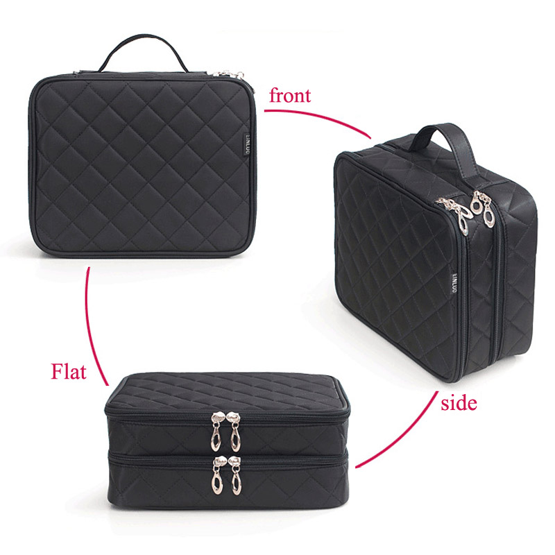 HMUNII Large Capacity Cosmetic Bag Makeup brush Organizer Double Layer Dot Pattern Travel Toiletry Bag Organizer With Mirror