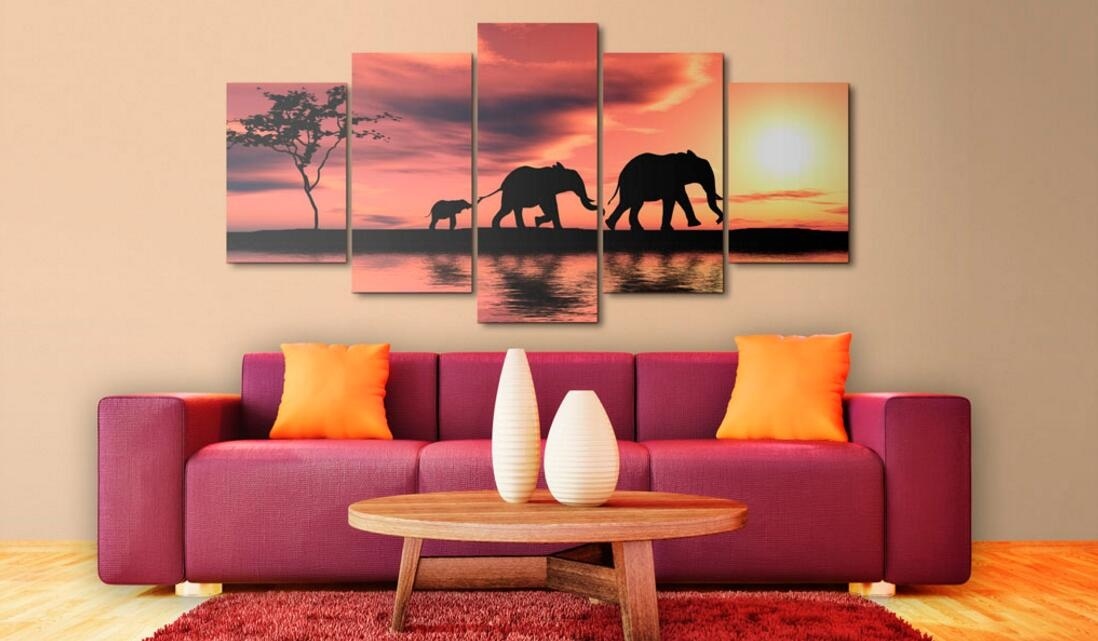( No Frame)5PCS/Set Modern Africa Three Elephant Family Art Print Frameless Canvas Painting Wall Picture Home Decoration