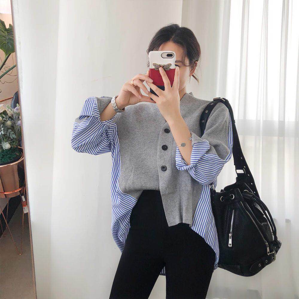 New design womens autumn knitted v-neck patchwork stripe asymmetric irregular sweater blouse top coat loose korean casacos