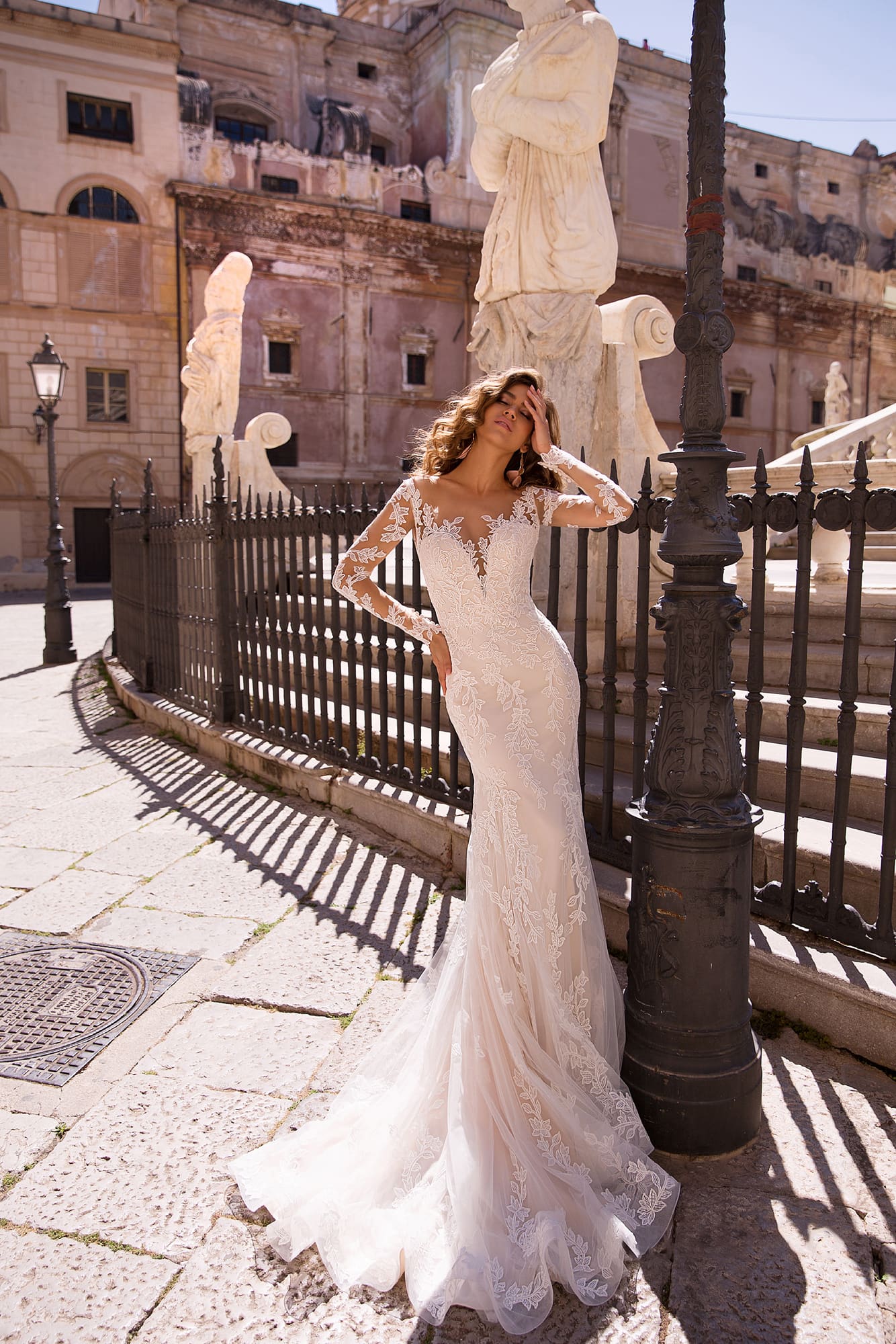 Lussanobridal Mermaid Wedding Dresses With Overskirts V Neck Illusion Bridal Gown Covered Button Back Long Sleeves Boho Wedding Dress Custom