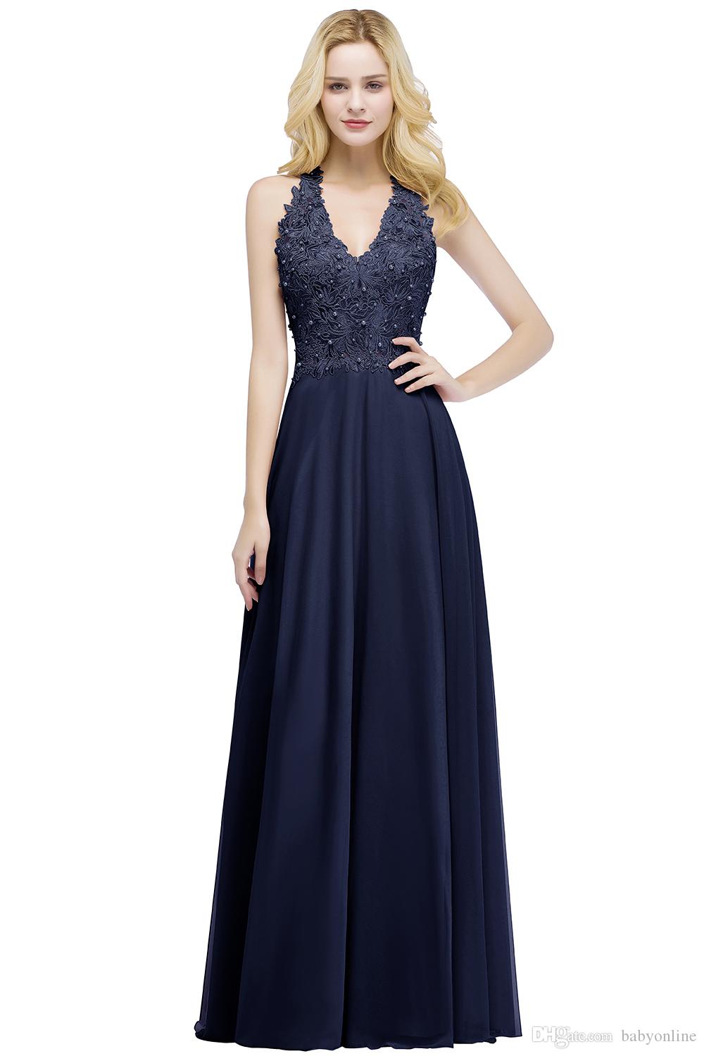 Newest Lace Chiffon Evening Elegant Sleeveless A Line V Neck Sequins Beaded Top Prom Gowns Bridesmaids Dress Cps912