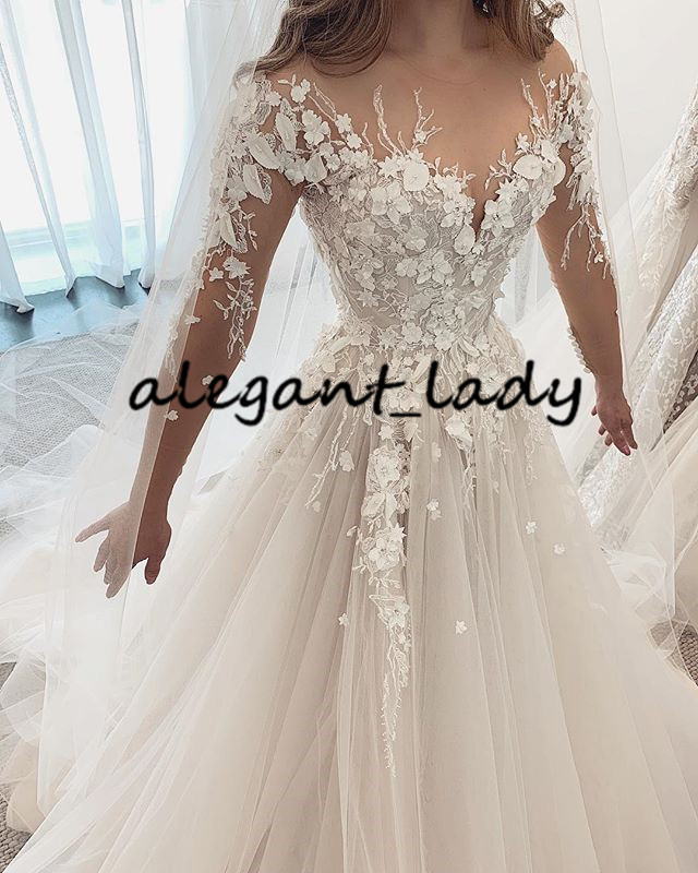 Illusion Long Sleeve Wedding Dresses 2020 Sheer Neck 3D Floral Beaded Appliqued Fairy Garden Beach Bride Gown vestido de bodas