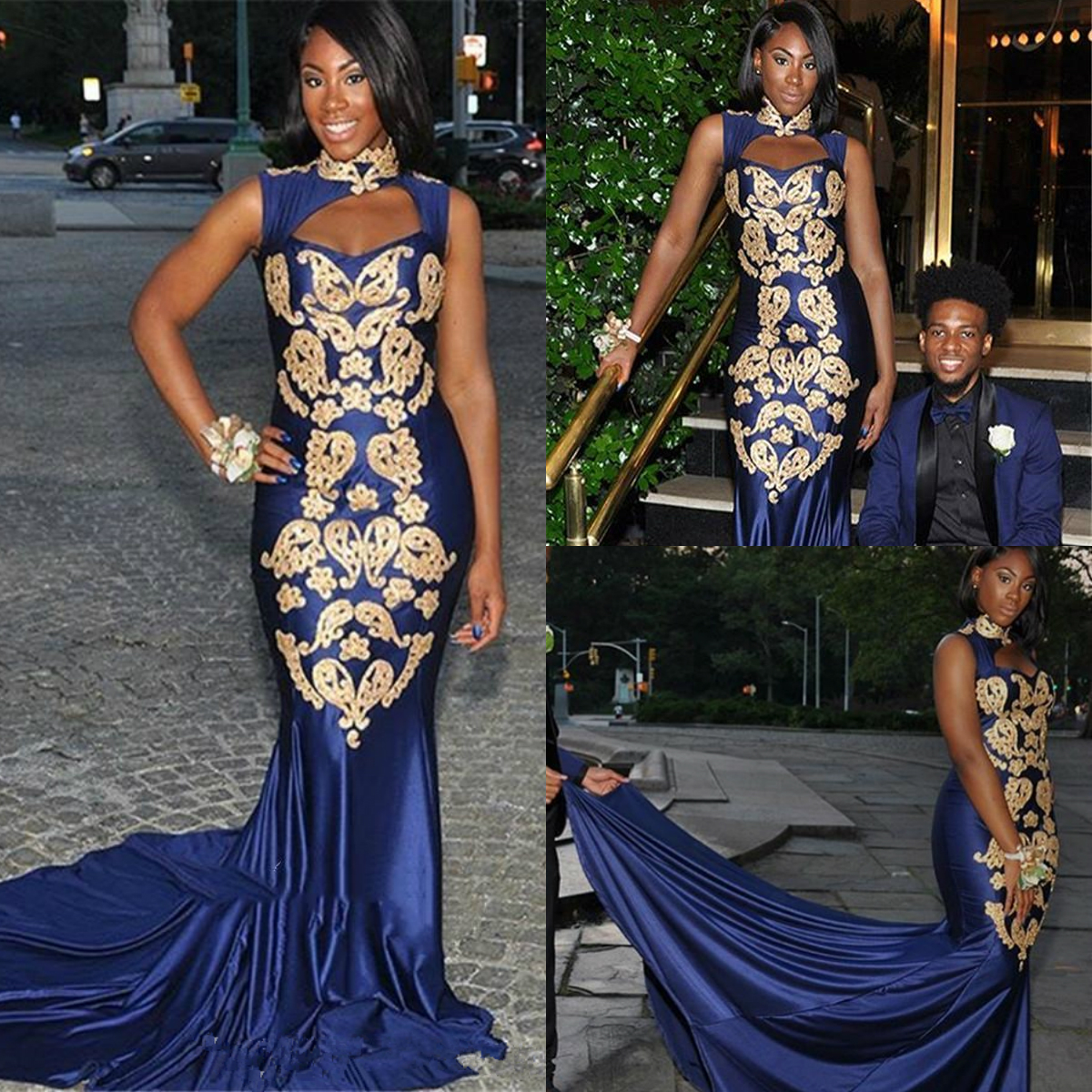 Royal Blue Mermaid Prom Dresses Gold Appliques High Neck Sweep Train South African Plus Size Evening Gowns Abendkleider Formal Wear
