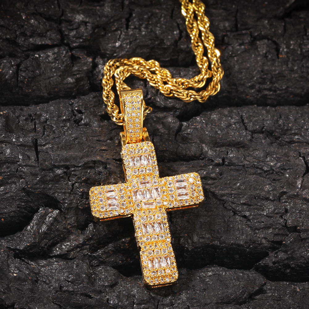 Hip Hop Shining White Zircon Cross Pendant Necklace Platinum Plated Necklace Men Women Lover Gift Religious Jewelry
