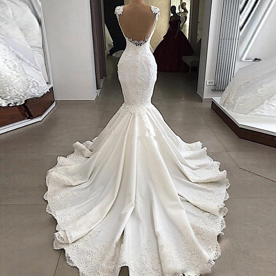 2019 New Mermaid Dresses See Through Backless Sweep Train Wedding Bridal Gowns Vestido de noiva Bead Lace Bride Dress