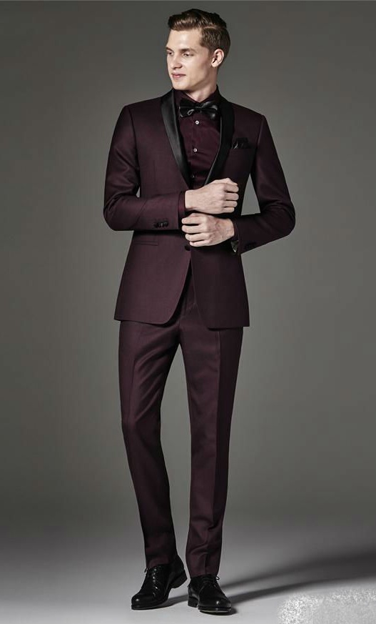 2019 Burgundy Mens Designer Suits Black Peaked Lapel Two Pieces Groom Tuxedos Men's Slim Fit Suits (Jacket+Pants)