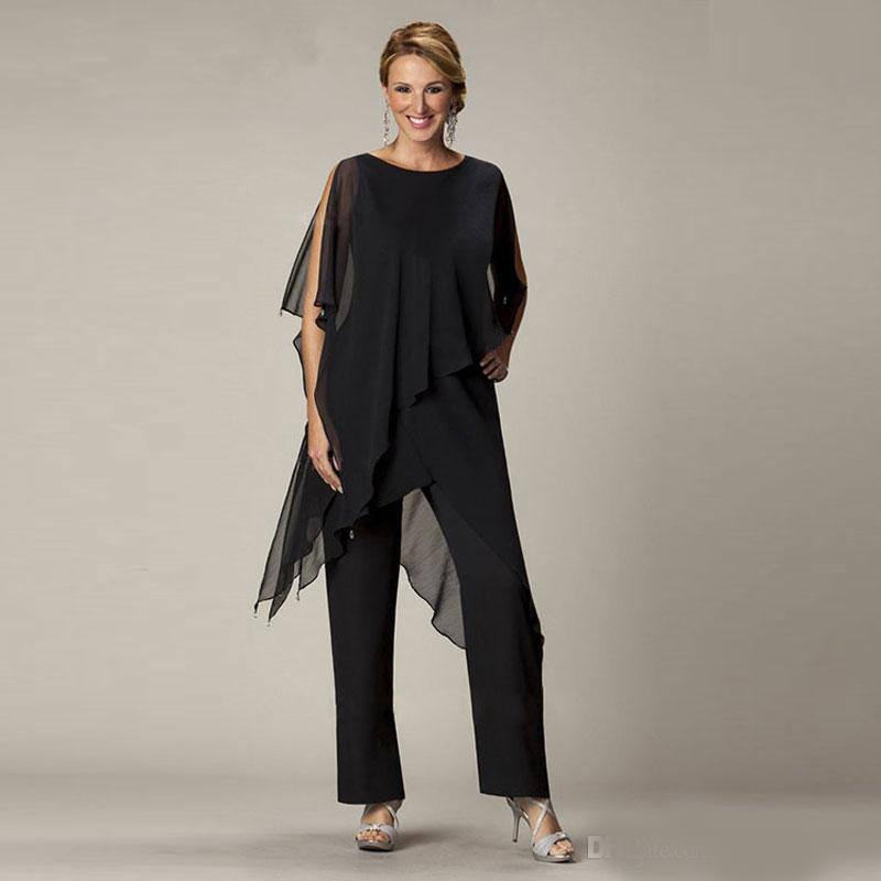 Black Chiffon Mother Of The Bride Pant Suits Bateau Neck Wedding Guest Dress Tiered Cheap Mothers Of The Groom Dresses