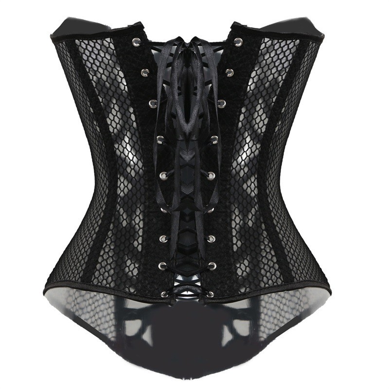 Plus Size Lace Mesh Corset Bustier S-6XL Black White Ultra Light-weight Hollow-out Fish Net Back Overbust Corselet No Ruffle Trim
