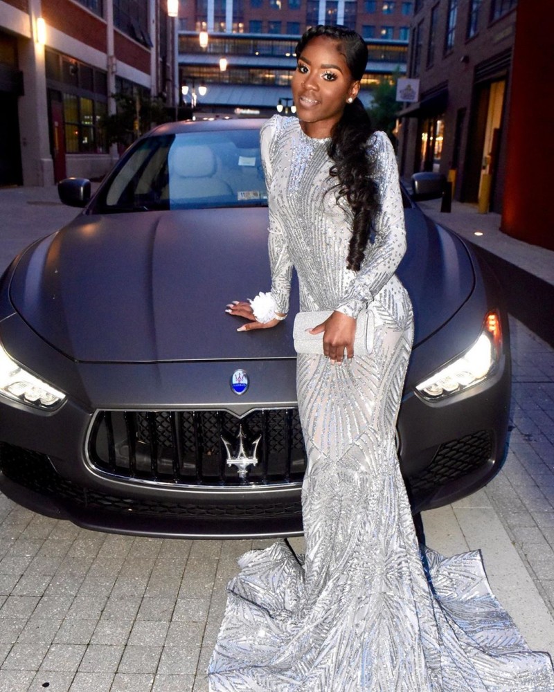2020 Silvery Mermaid Evening Dresses Tulle With Glitter Prom Dress Sweep Tarin Long Sleeve Special Occasion Dresses