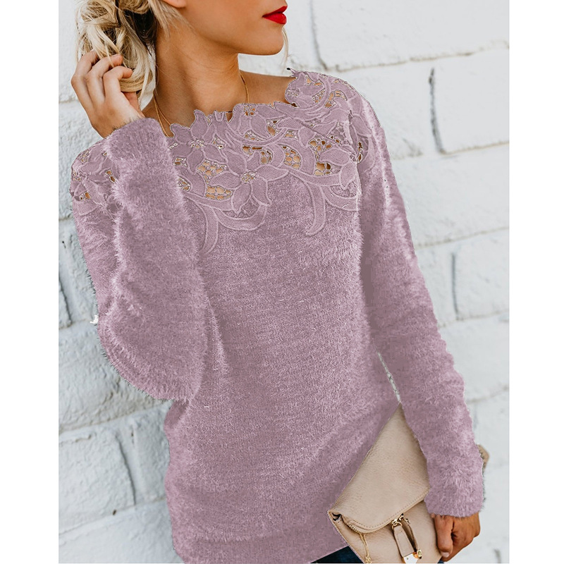 Spot 2021 hot European spring and autumn fashion solid color lace long-sleeved sweater support mixed batch