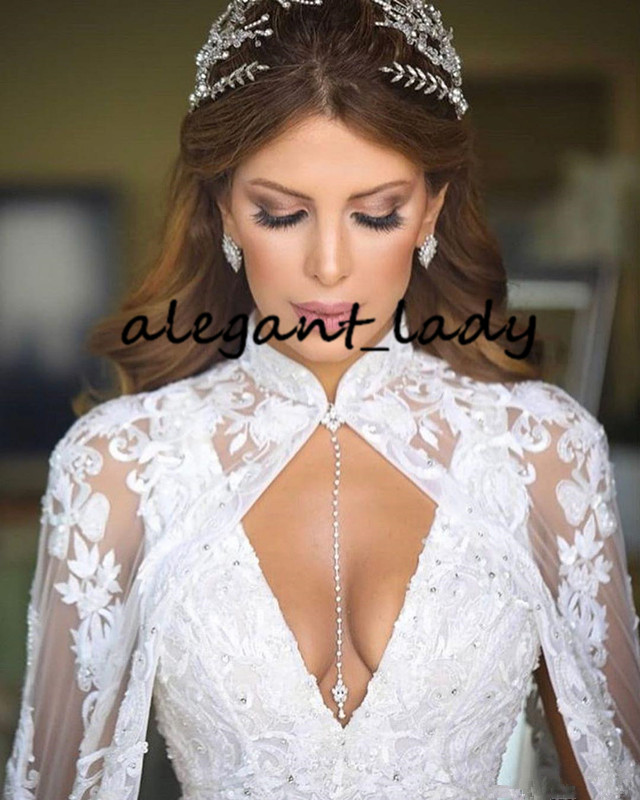 Vestido De Noiva Lace Beaded Wedding Dresses with Cape Shawls Robes 2020 Arabic Aso Ebi Sexy V-neck Castle Church Bride Wedding Gowns