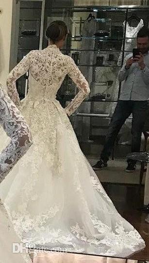 New Arrival Muslim A Line Wedding Dresses Illusion High Neck Long Sleeves Lace Appliques Button Back Plus Size Western Bridal Gowns 0505