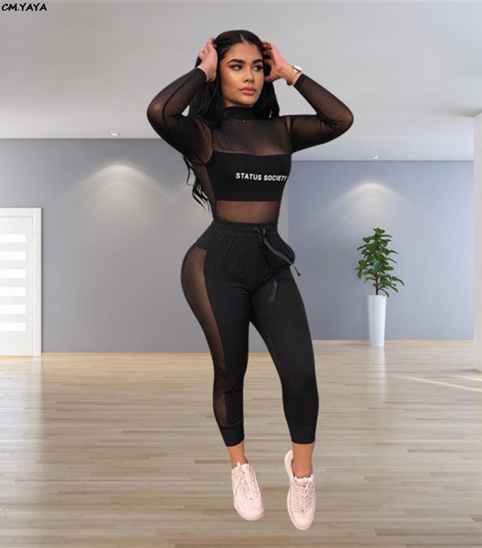 2019 new women spring long sleeve mesh patchwork letter print pencil pants two piece set sporty tracksuit outfit overalls Y8035