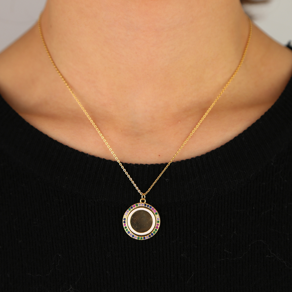 fashion jewelry 2019 New rainbow cz circle polished round coin tag customize name necklace