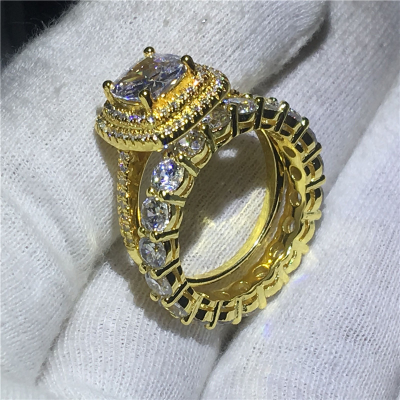 Sparkling Luxury Jewelry 925 Sterling Silver&Gold Fill Cushion Shape White Topaz CZ Diamond Gemstones Couple Rings Women Bridal Ring Set