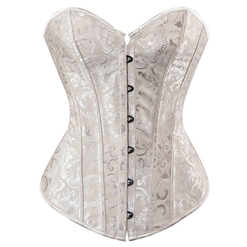 Women Jacquard Steel Boned Overbust White Bridal Corset Back Padded Lingerie Top Body Shaper Strong Lace Up Corselet Black Beige XS-XXL