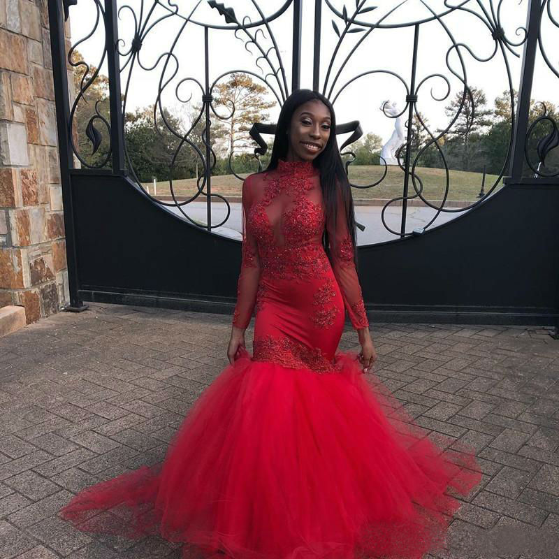 2019 Red Mermaid Prom Dresses High Neck Lace Applique Beaded Black Girls Evening Dress Long Sleeve Tulle Cocktail Party Gowns robes de soiré