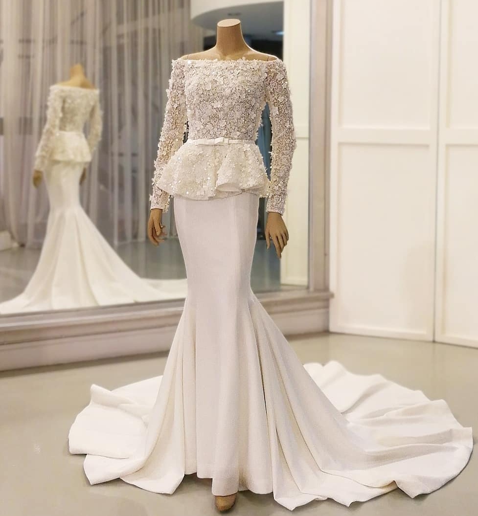 Mermaid Ful Lace Long Sleeves Wedding Dresses Off The Shoulder Sequined Peplum Bridal Gowns Beaded Sweep Train Robes De Mari E