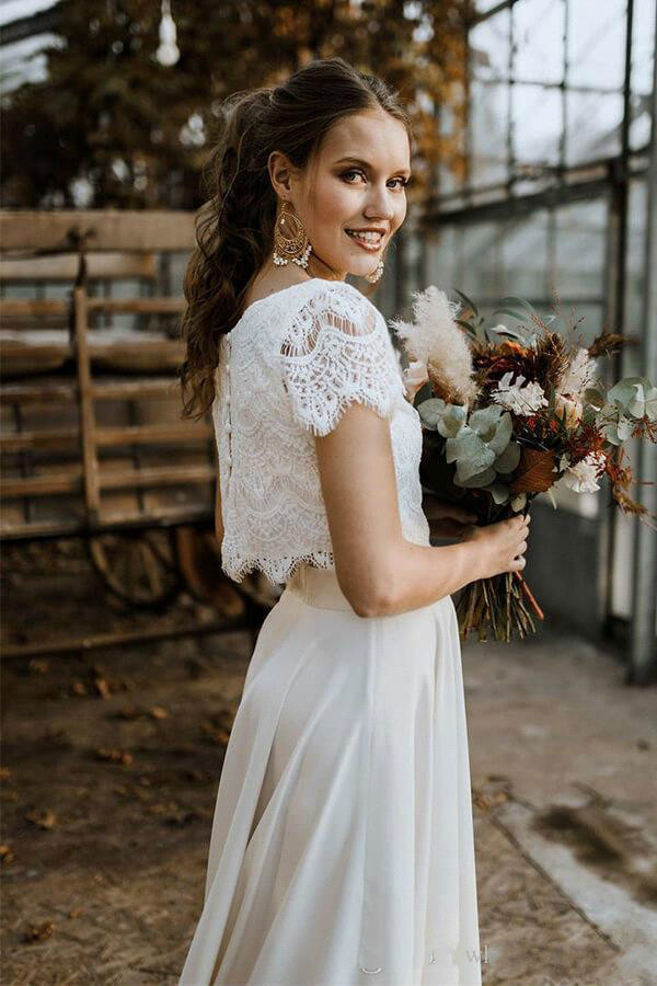2020 Beach Wedding Dresses Jewel Neck High Low Short Sleeve A Line Bohemian Wedding Gowns Two Pieces Sweep Train Vestidos De Novia