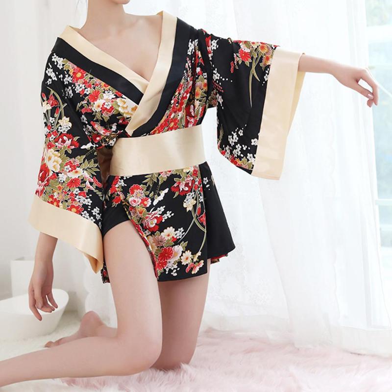 Traditional Women Japanese Kimono Sleepwear Sexy Deep V-neck Kimono Satin Floral Printed Nightwear Short Bath Robe