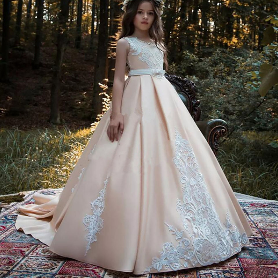 Flower Girl Dresses Elegant Satin Applique Girls First Holy Communion Sleeveless Dresses Birthday Party Dresses