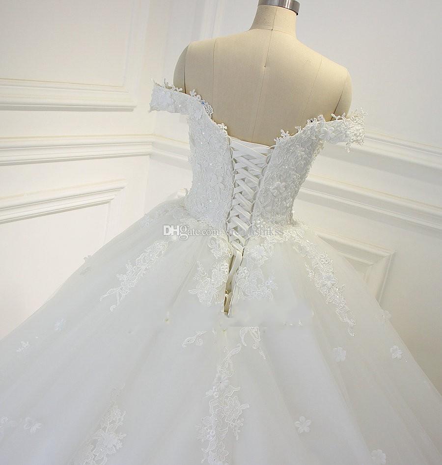 Lace Ball Gown Wedding Dresses Vintage Arabic Off-the-shoulder Beads Handmade Flowers Wedding Bridal Gowns Real Picture