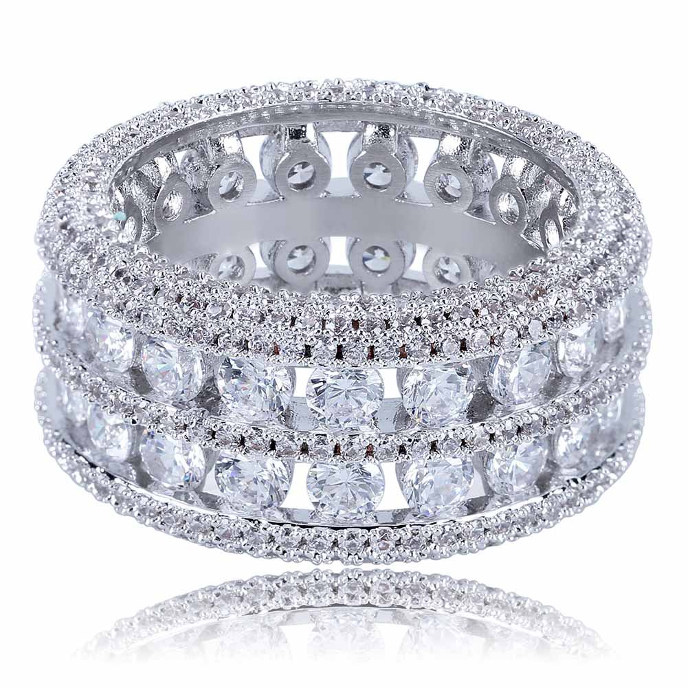 Double Rows Rings Hip Hop Shining 18k Real Gold Plated Cubic Zircon Diamond Finger Ring Jewelry