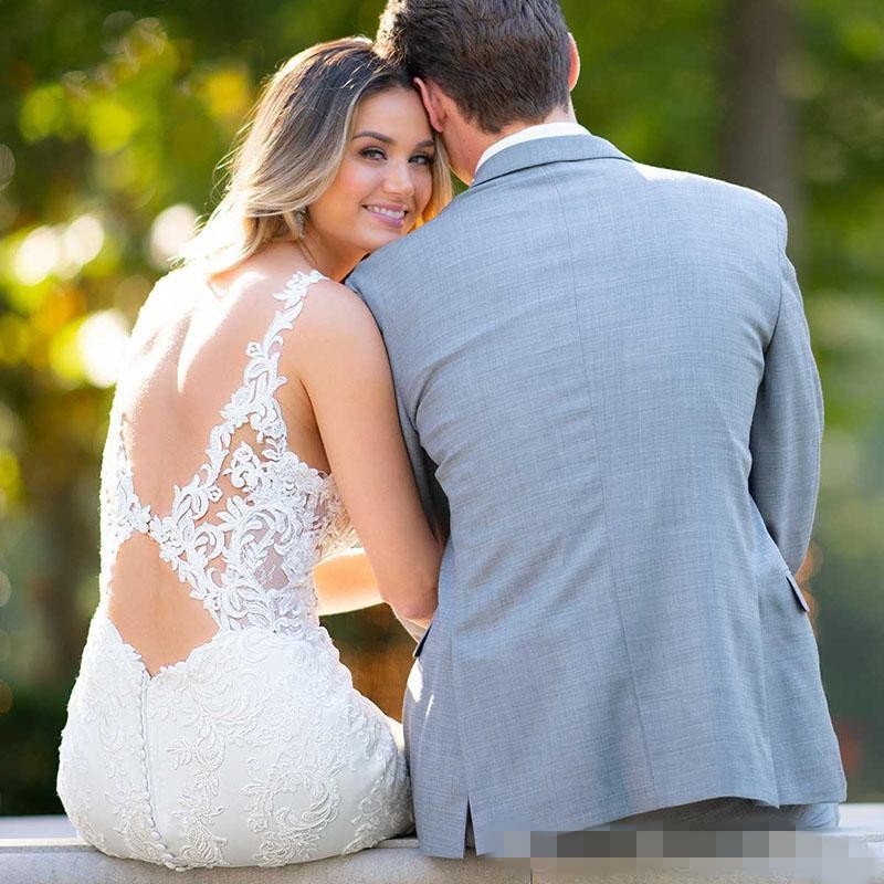 2021 Beach Wedding Dresses Bridal Gown Spaghetti Straps Mermaid Lace Applique Sweep Train Backless Custom Made Vestido de novia