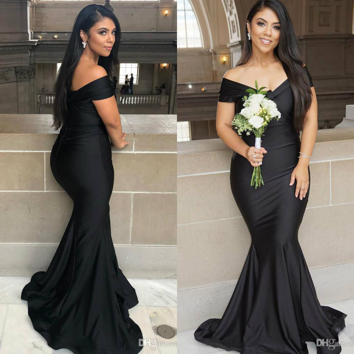 Elegant Off Shoulder Mermaid Long Bridesmaid Dresses Sleeveless Black Maid Of Honor Satin Wedding Guest Dress